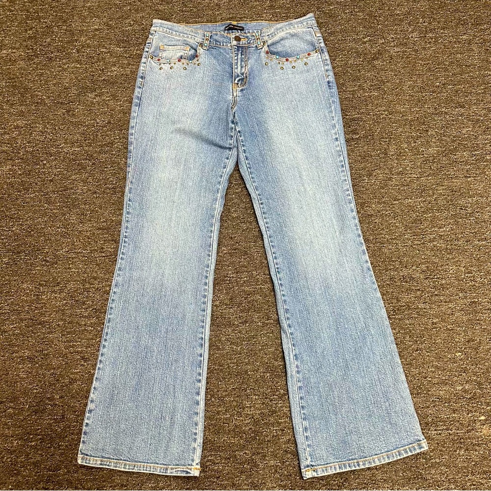 NY & Company Gold Brass Turquoise Studded Boot Cut Jeans Women’s size 8